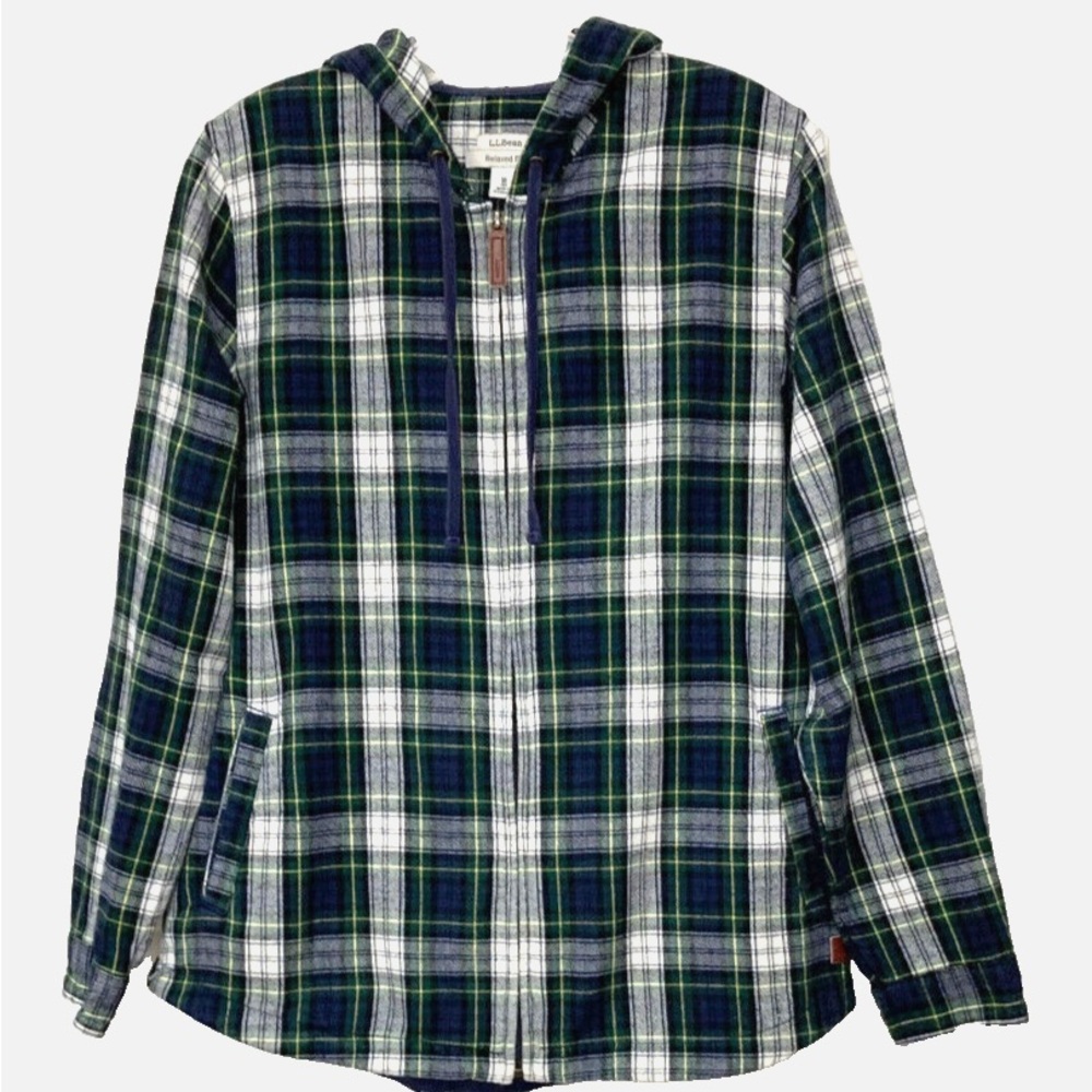 L.L. Bean Green and Blue Plaid Flannel Hooded Full Zip Shacket Size Medium